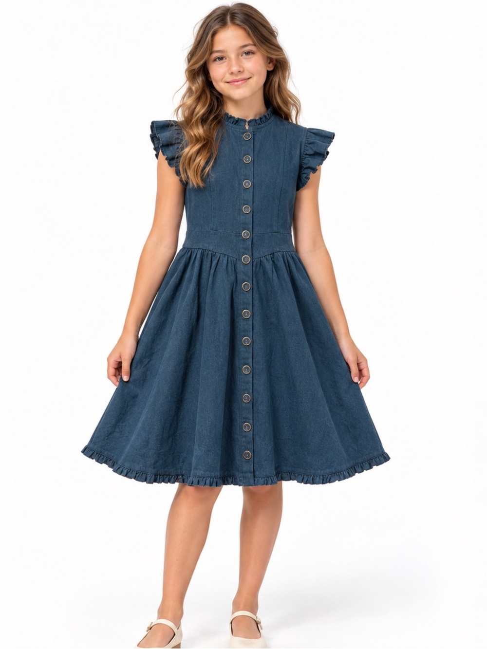 Ivy City Co Girls Blue Denim Jean Dress 13/14 Cotton Button Front Ruffle Hem EUC